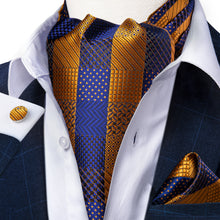blue gold plaid silk mens ascot tie pocket square cufflinks set