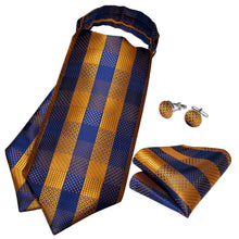 blue gold plaid silk mens ascot tie pocket square cufflinks set