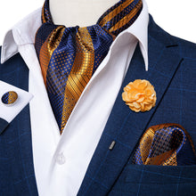 Blue Yellow Plaid Silk Cravat Woven Ascot Tie Pocket Square Handkerchief Suit with Lapel Pin Brooch Set