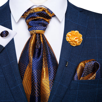 Blue Yellow Plaid Silk Cravat Woven Ascot Tie Pocket Square Handkerchief Suit with Lapel Pin Brooch Set