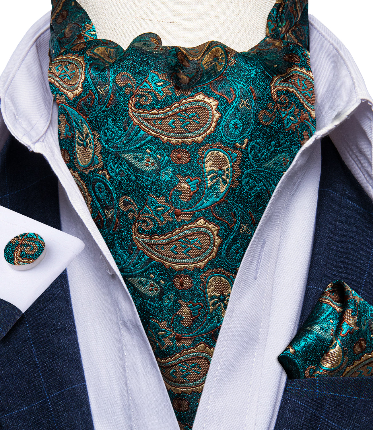 Green Paisley Silk Cravat Woven Ascot Tie Pocket Square Cufflinks With Tie Ring Set (4667742715985)