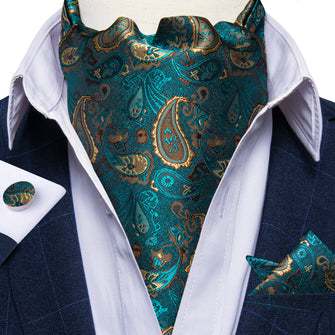 teal green brown paisley silk mens ascot tie hanky cufflinks set