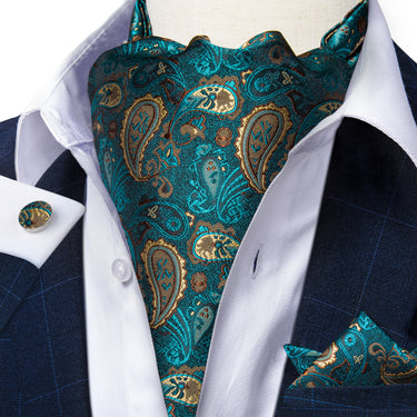 New Green Paisley Silk Cravat Woven Ascot Tie Pocket Square Handkerchief Suit Set