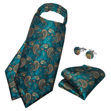 teal green brown paisley silk mens ascot tie hanky cufflinks set