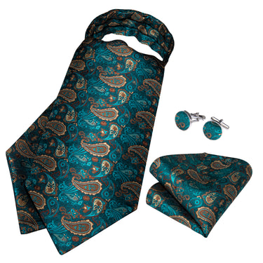Green Paisley Silk Cravat Woven Ascot Tie Pocket Square Cufflinks With Tie Ring Set (4667742715985)