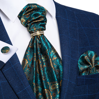 Green Paisley Silk Cravat Woven Ascot Tie Pocket Square Cufflinks With Tie Ring Set