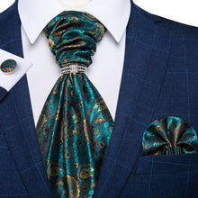 Green Paisley Silk Cravat Woven Ascot Tie Pocket Square Cufflinks With Tie Ring Set