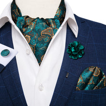 Green Paisley Silk Cravat Woven Ascot Tie Pocket Square Handkerchief Suit with Lapel Pin Brooch Set