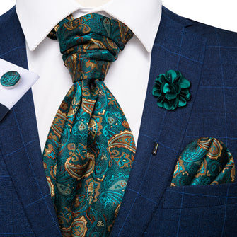 New Green Paisley Silk Cravat Woven Ascot Tie Pocket Square Handkerchief Suit with Lapel Pin Brooch Set