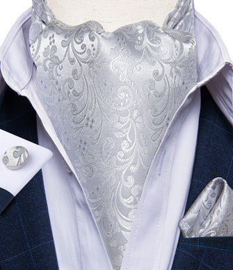New Silver Floral Silk Cravat Woven Ascot Tie Pocket Square Handkerchief Suit Set (4601472319569)