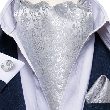 New Silver Floral Silk Cravat Woven Ascot Tie Pocket Square Handkerchief Suit Set (4601472319569)