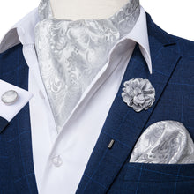 New Silver Floral Silk Cravat Woven Ascot Tie Pocket Square Handkerchief Suit with Lapel Pin Brooch Set