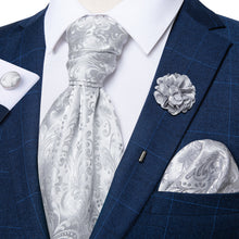 Silver Floral Silk Cravat Woven Ascot Tie Pocket Square Handkerchief Suit with Lapel Pin Brooch Set