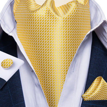 Yellow Plaid Silk Cravat Woven Ascot Tie Pocket Square Cufflinks With Tie Ring Set (4667790458961)