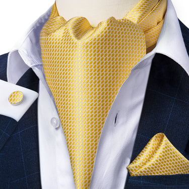 Yellow Plaid Silk Cravat Woven Ascot Tie Pocket Square Cufflinks With Tie Ring Set (4667790458961)