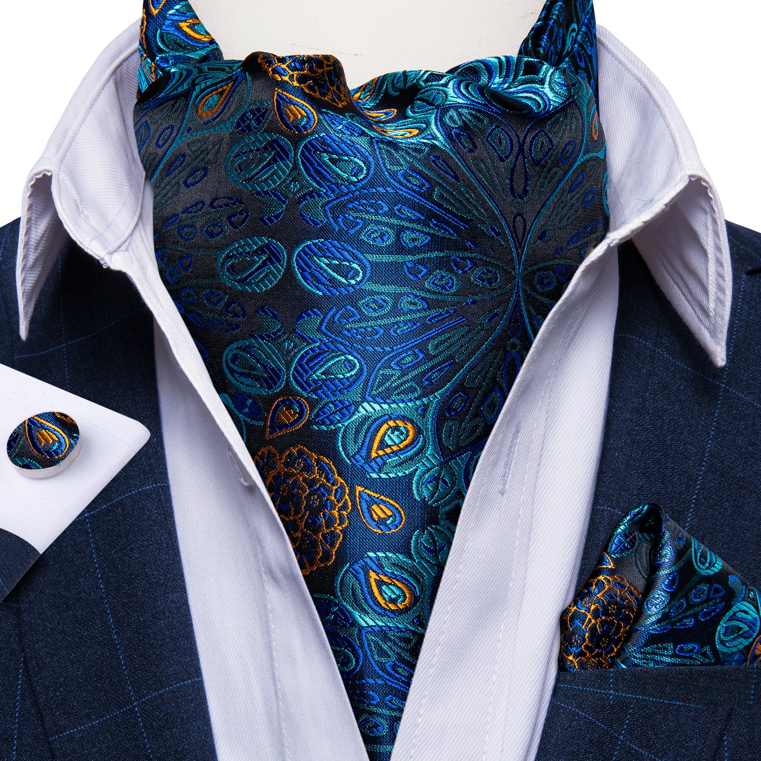 New Blue Floral Silk Cravat Woven Ascot Tie Pocket Square Handkerchief ...