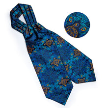 Blue Floral Silk Cravat Woven Ascot Tie Pocket Square Handkerchief Suit Set