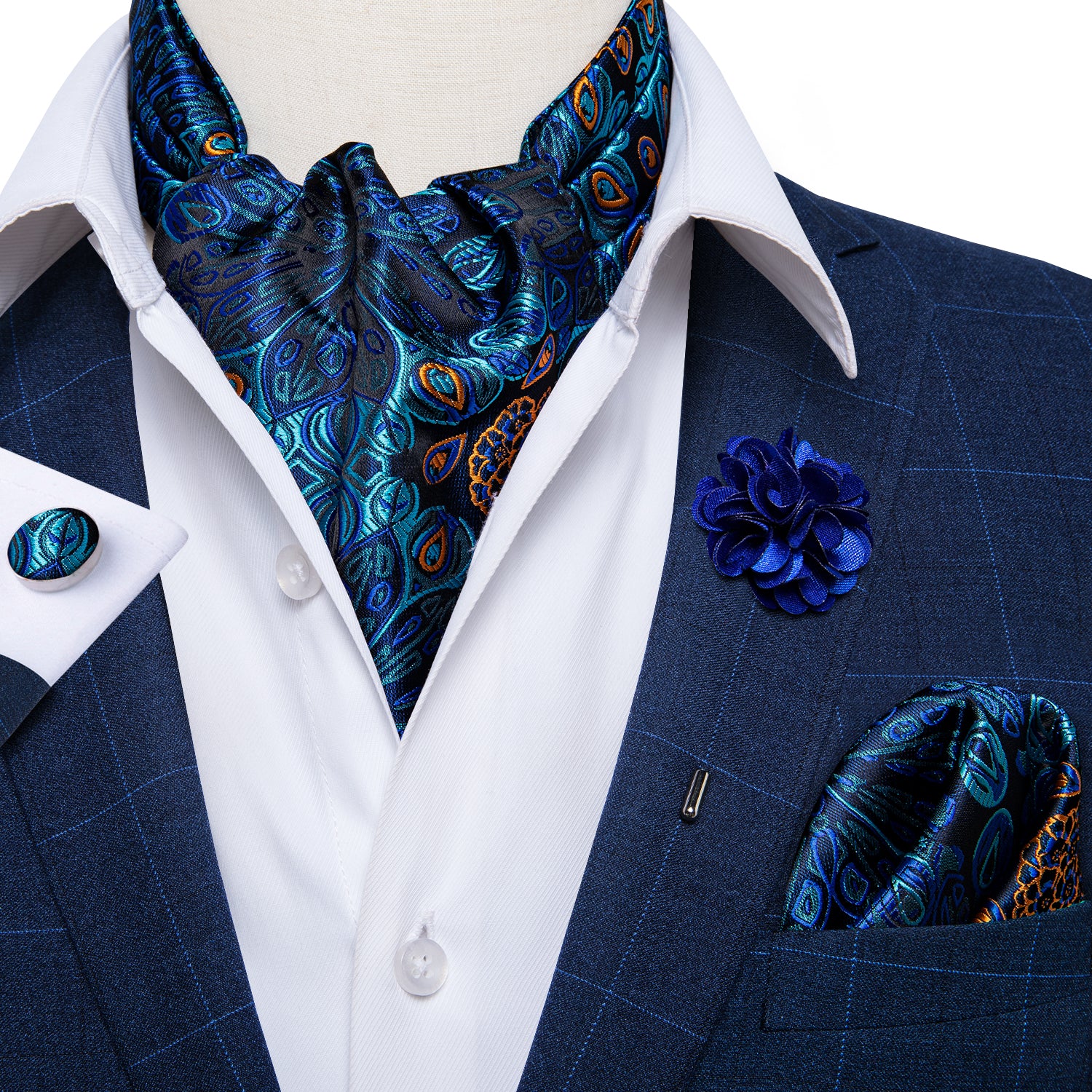 Novelty Blue Floral Silk Cravat Woven Ascot Tie Pocket Square Handkerchief Suit with Lapel Pin Brooch Set