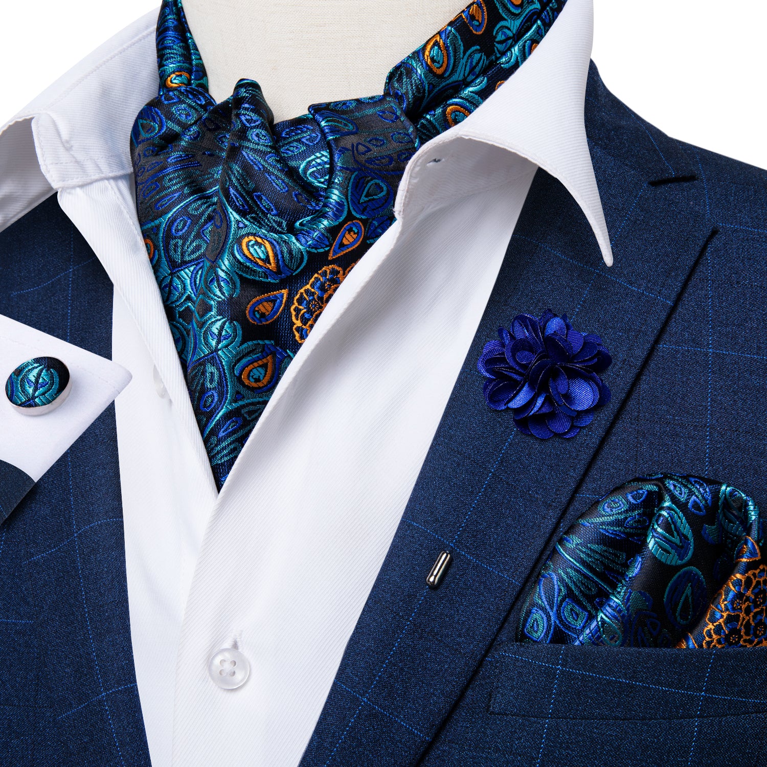 Novelty Blue Floral Silk Cravat Woven Ascot Tie Pocket Square Handkerchief Suit with Lapel Pin Brooch Set