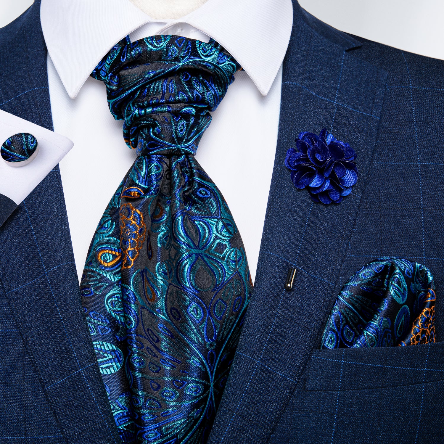 Novelty Blue Floral Silk Cravat Woven Ascot Tie Pocket Square Handkerchief Suit with Lapel Pin Brooch Set