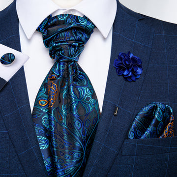 Novelty Blue Floral Silk Cravat Woven Ascot Tie Pocket Square Handkerchief Suit with Lapel Pin Brooch Set