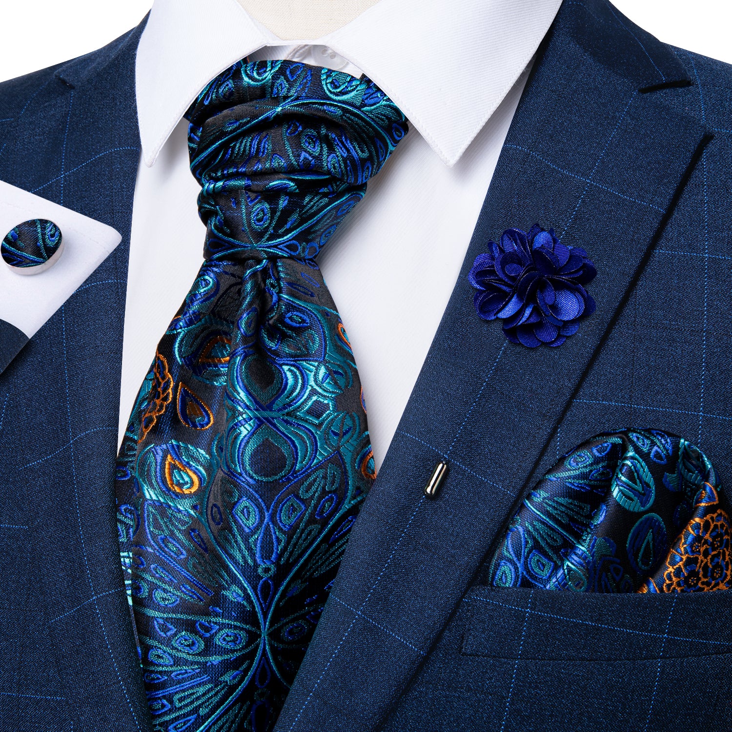 Novelty Blue Floral Silk Cravat Woven Ascot Tie Pocket Square Handkerchief Suit with Lapel Pin Brooch Set