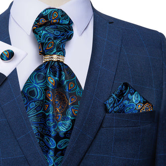 Blue Floral Silk Cravat Woven Ascot Tie Pocket Square Cufflinks With Tie Ring Set (4667823915089)