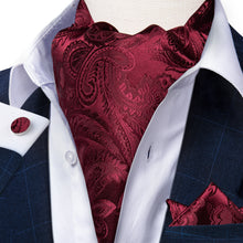 New Red Paisley Silk Cravat Woven Ascot Tie Pocket Square Handkerchief Suit Set