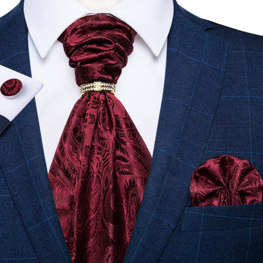 Red Floral Silk Cravat Woven Ascot Tie Pocket Square Cufflinks With Tie Ring Set
