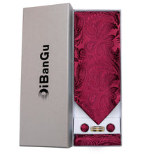 Red Paisley Silk Cravat Woven Ascot Tie Pocket Square Handkerchief Suit with Tie Ring Gift Box Set