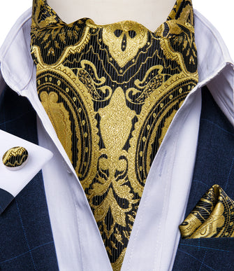 New Golden Black Floral Silk Cravat Woven Ascot Tie Pocket Square Handkerchief Suit Set (4601505775697)
