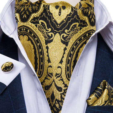 Golden Black Floral Silk Cravat Woven Ascot Tie Pocket Square Cufflinks With Tie Ring Set (4667791310929)