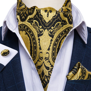 Golden Black Floral Silk Cravat Woven Ascot Tie Pocket Square Cufflinks With Tie Ring Set (4667791310929)