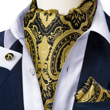 Golden Black Floral Silk Cravat Woven Ascot Tie Pocket Square Cufflinks With Tie Ring Set (4667791310929)