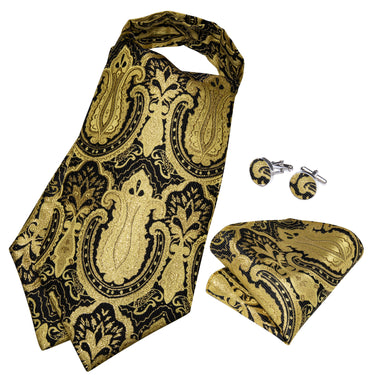 Golden Black Floral Silk Cravat Woven Ascot Tie Pocket Square Cufflinks With Tie Ring Set (4667791310929)