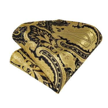 Golden Black Floral Silk Cravat Woven Ascot Tie Pocket Square Cufflinks With Tie Ring Set (4667791310929)