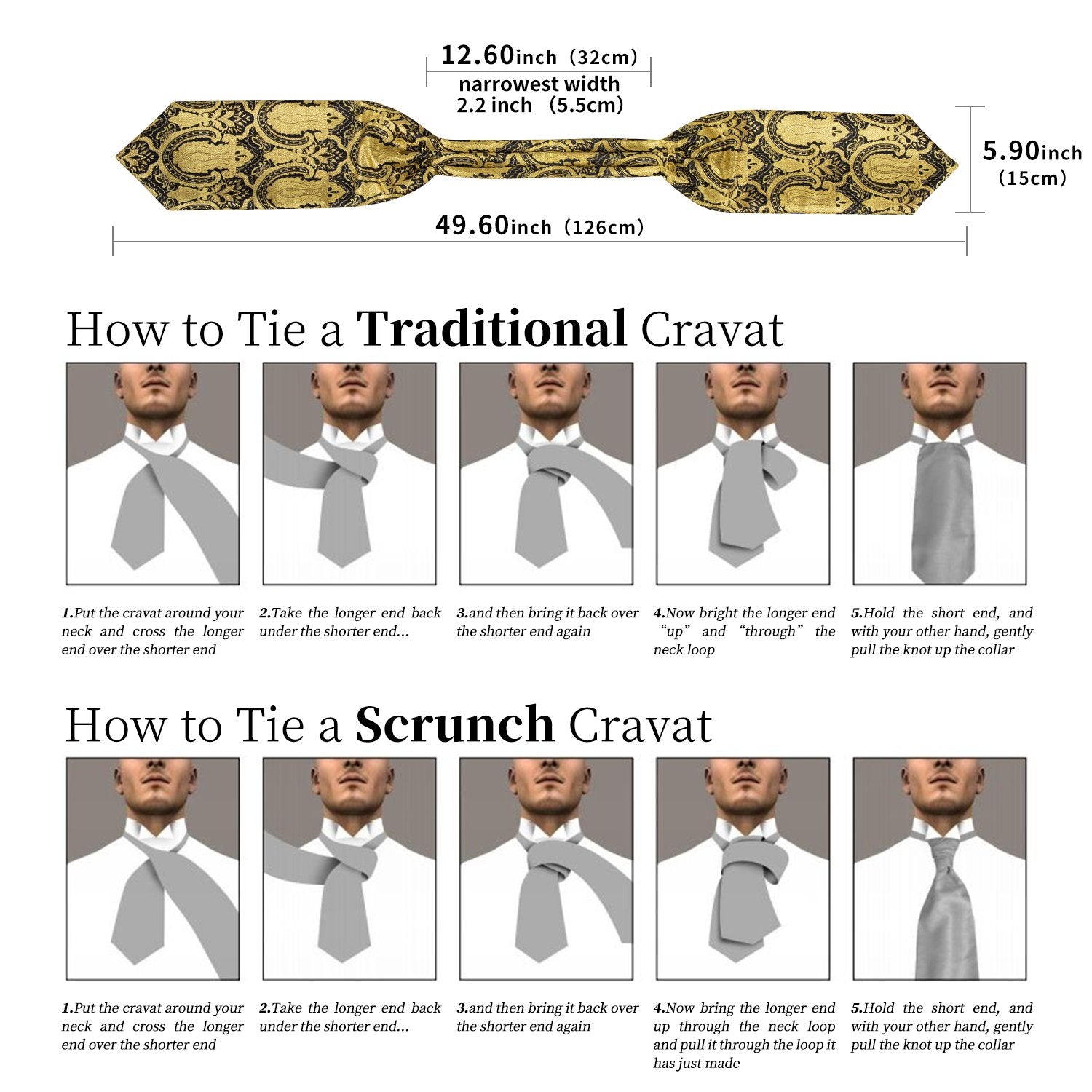 Golden Black Floral Silk Cravat Woven Ascot Tie Pocket Square Handkerchief Suit with Lapel Pin Brooch Set