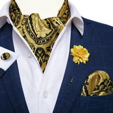 Golden Black Floral Silk Cravat Woven Ascot Tie Pocket Square Handkerchief Suit with Lapel Pin Brooch Set