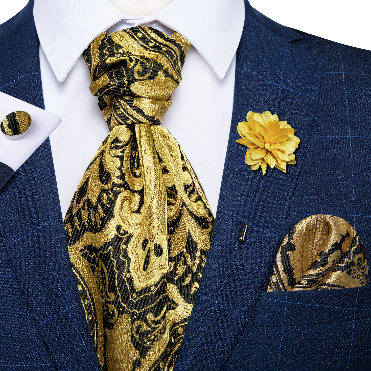 Golden Black Floral Silk Cravat Woven Ascot Tie Pocket Square Handkerchief Suit with Lapel Pin Brooch Set