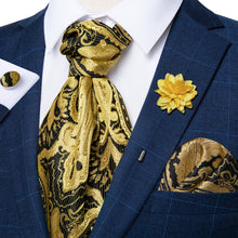 Golden Black Floral Silk Cravat Woven Ascot Tie Pocket Square Handkerchief Suit with Lapel Pin Brooch Set