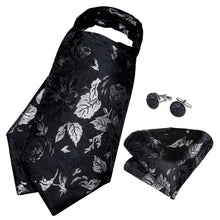 New Black Floral Silk Cravat Woven Ascot Tie Pocket Square Handkerchief Suit Set (4601510395985)