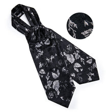 Black Floral Silk Cravat Woven Ascot Tie Pocket Square Handkerchief Suit Set