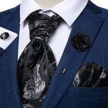Black Floral Silk Cravat Woven Ascot Tie Pocket Square Handkerchief Suit with Lapel Pin Brooch Set