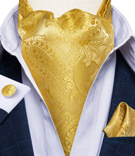 New Golden Paisley Silk Cravat Woven Ascot Tie Pocket Square Handkerchief Suit Set (4601518293073)