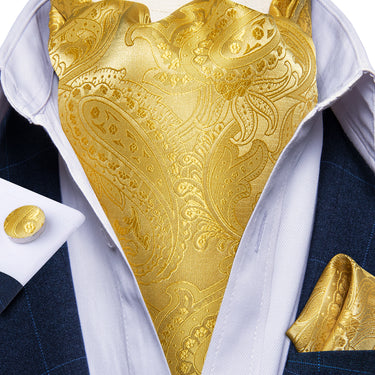 Golden Paisley Silk Cravat Woven Ascot Tie Pocket Square Cufflinks With Tie Ring Set (4667796717649)