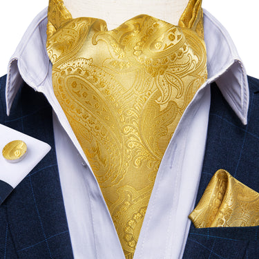 Golden Paisley Silk Cravat Woven Ascot Tie Pocket Square Cufflinks With Tie Ring Set (4667796717649)