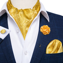 Golden Paisley Silk Cravat Woven Ascot Tie Pocket Square Handkerchief Suit with Lapel Pin Brooch Set