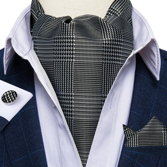 New Houndstooth Silk Cravat Woven Ascot Tie Pocket Square Handkerchief Suit Set