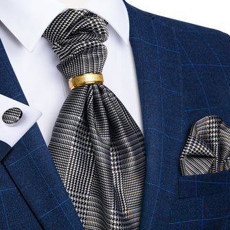 New Houndstooth Silk Cravat Woven Ascot Tie Pocket Square Cufflinks With Tie Ring Set