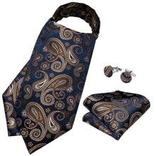 New Black Brown Paisley Silk Cravat Woven Ascot Tie Pocket Square Handkerchief Suit Set